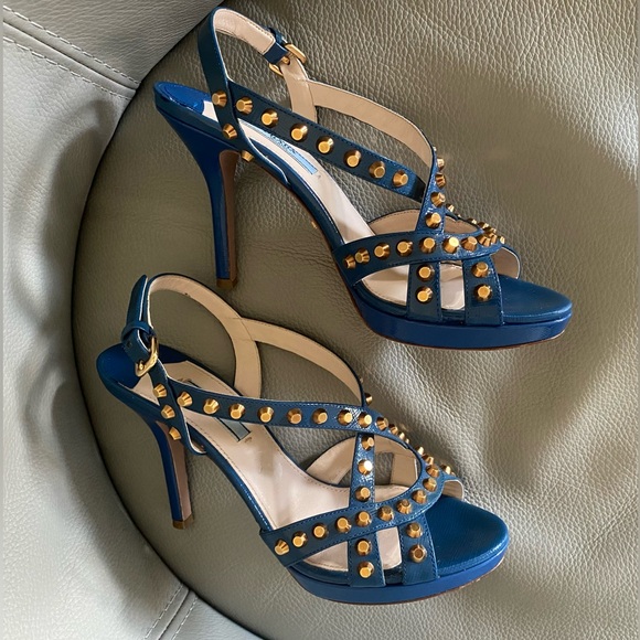 Prada Blue Leather Studded Slingback Sandals Sz 37.5, 7.5 - Picture 10 of 11